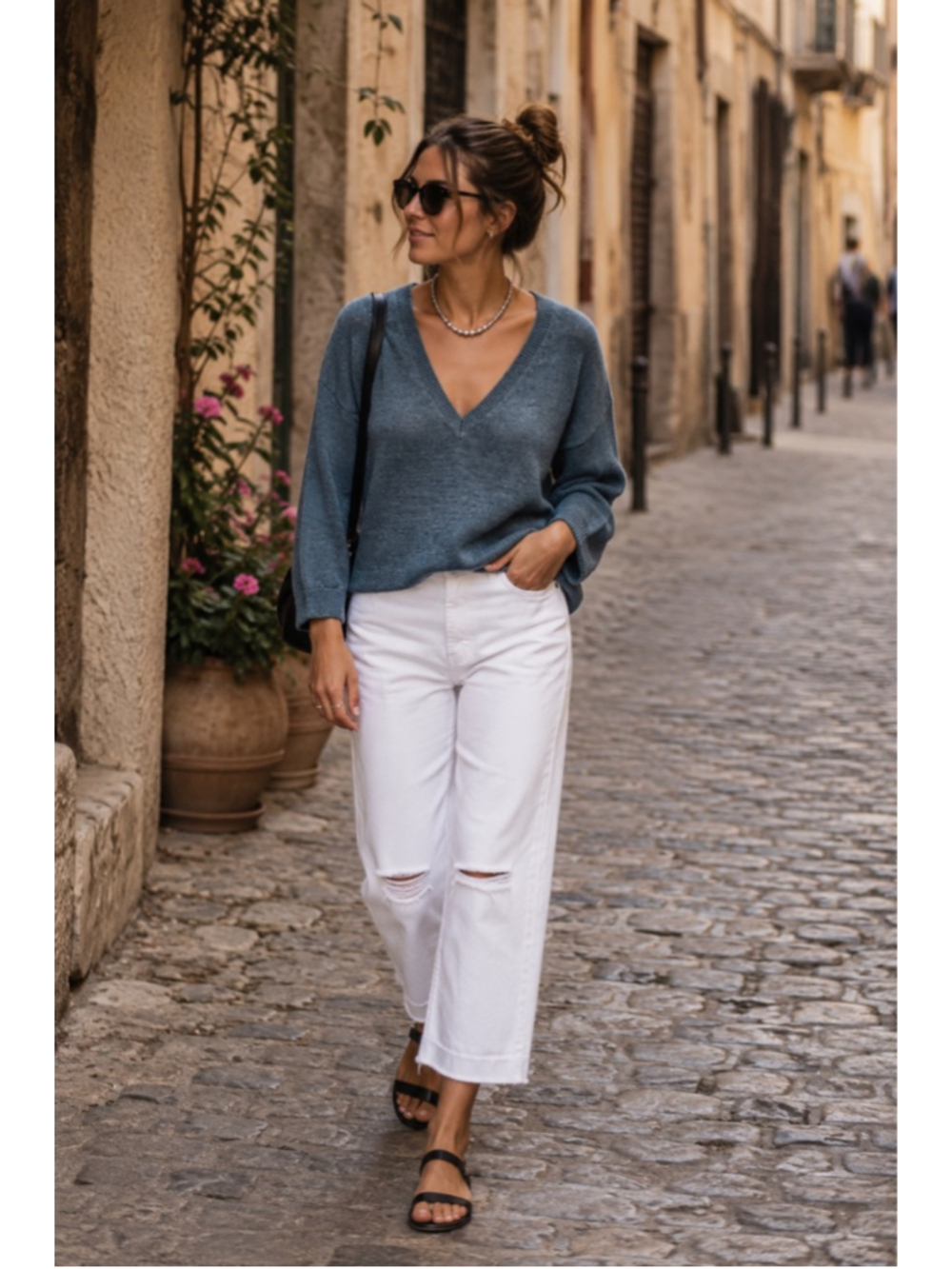 Masscob Sweater Blue Medium Linen Cotton V Neck Oversized Crop